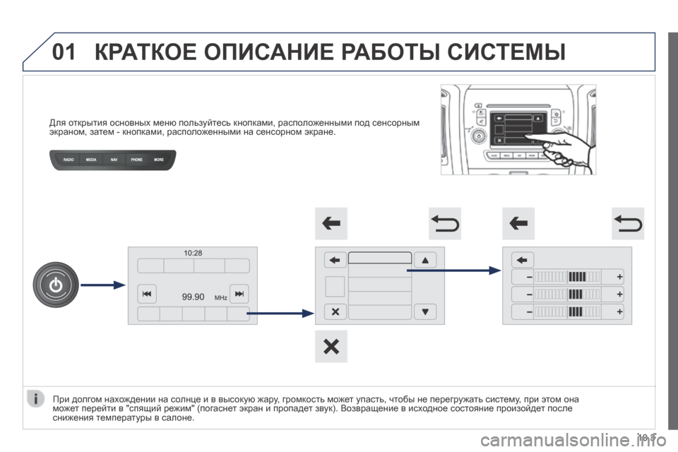 Peugeot Boxer 2014 Инструкция по эксплуатации (in Russian) 01
Для открытия основных меню пользуйтесь кнопками, расположенными под сенсорным экраном, затем - кнопка Peugeot Boxer 2014 Инструкция по эксплуатации (in Russian) 01
Для открытия основных меню пользуйтесь кнопками, расположенными под сенсорным экраном, затем - кнопка