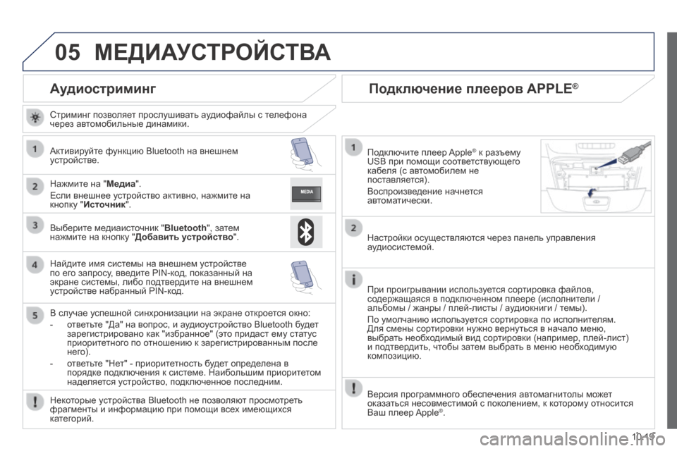 Peugeot Boxer 2014 Инструкция по эксплуатации (in Russian) 05
10.19
Аудиостриминг
Стриминг позволяет прослушивать аудиофайлы с телефона через автомобильные динамик Peugeot Boxer 2014 Инструкция по эксплуатации (in Russian) 05
10.19
Аудиостриминг
Стриминг позволяет прослушивать аудиофайлы с телефона через автомобильные динамик