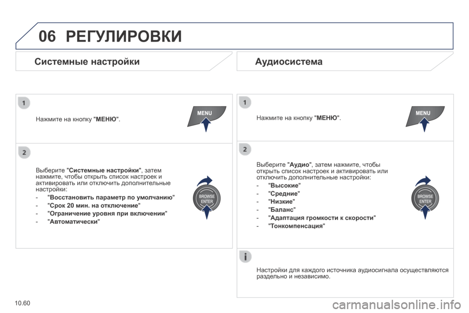 Peugeot Boxer 2014 Инструкция по эксплуатации (in Russian) 06
10.60
РЕГУЛИРОВКИ
Нажмите на кнопку " МЕНЮ " . Нажмите на кнопку " МЕНЮ " .
Настройки для каждого источника Peugeot Boxer 2014 Инструкция по эксплуатации (in Russian) 06
10.60
РЕГУЛИРОВКИ
Нажмите на кнопку " МЕНЮ " . Нажмите на кнопку " МЕНЮ " .
Настройки для каждого источника