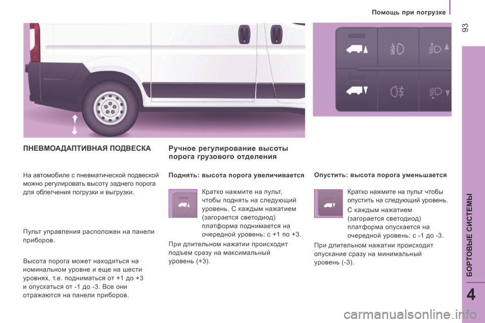 Peugeot Boxer 2014  Инструкция по эксплуатации (in Russian)    Помощь при погрузке   
 93
4
БОРТОВЫЕ СИСТЕМЫ
 ПНЕВМОАДАПТИВНАЯ ПОДВЕСКА 
 На автомобиле с пневматической подв
