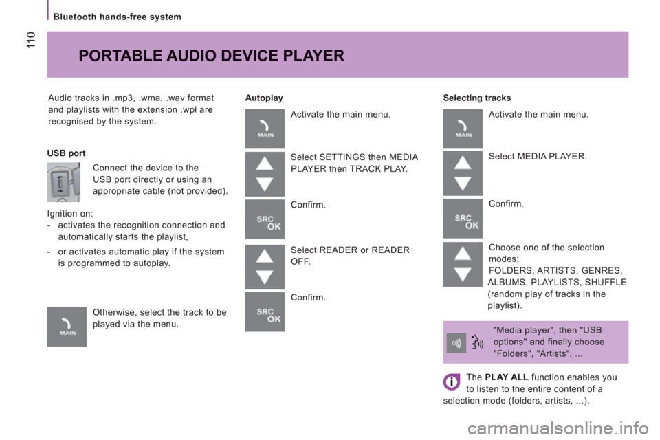 Peugeot Boxer 2013  Owners Manual  11
0
   
Bluetooth hands-free system 
  Audio tracks in .mp3, .wma, .wav format 
and playlists with the extension .wpl are 
recognised by the system.     
Selecting tracks 
 
PORTABLE AUDIO DEVICE PL