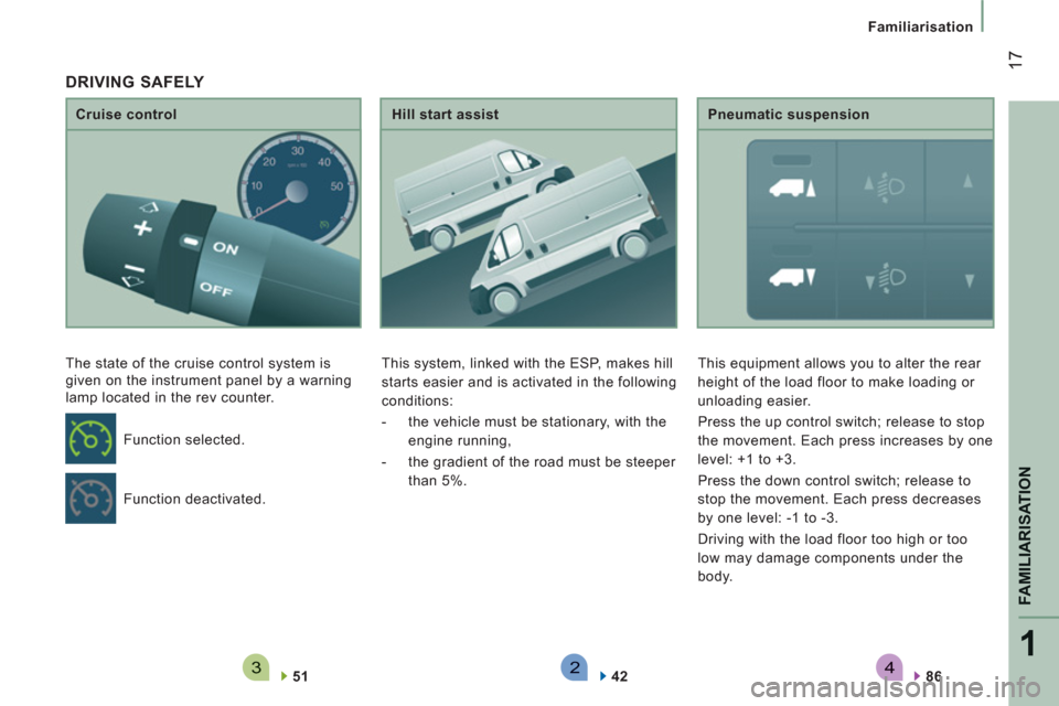 Peugeot Boxer 2013 User Guide 4321
FAMILIARISATION
17
Familiarisation
   
Cruise control 
  The state of the cruise control system is 
given on the instrument panel by a warning 
lamp located in the rev counter. 
   
51  
    
Hil