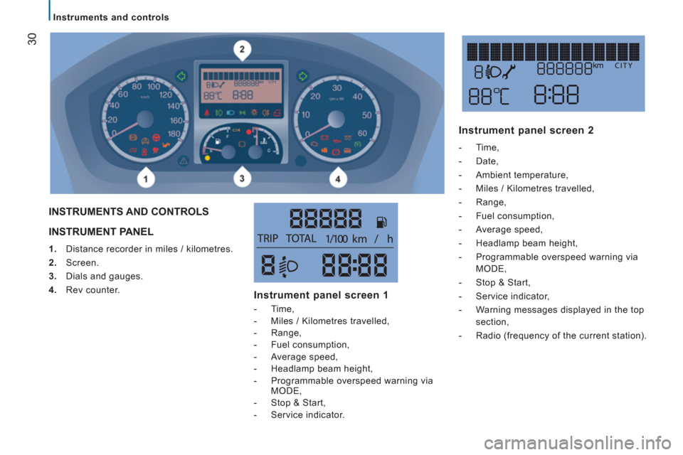 Peugeot Boxer 2013  Owners Manual    
 
Instruments and controls  
 
30
 
INSTRUMENT PANEL
 
 
 
1. 
  Distance recorder in miles / kilometres. 
   
2. 
 Screen. 
   
3. 
  Dials and gauges. 
   
4. 
 Rev counter.  
 
INSTRUMENTS AND 