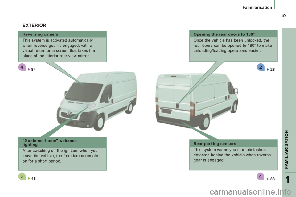 Peugeot Boxer 2013  Owners Manual 4
34
2
1
FAMILIARISATION
5
Familiarisation
   
Reversing camera 
  This system is activated automatically 
when reverse gear is engaged, with a 
visual return on a screen that takes the 
place of the 