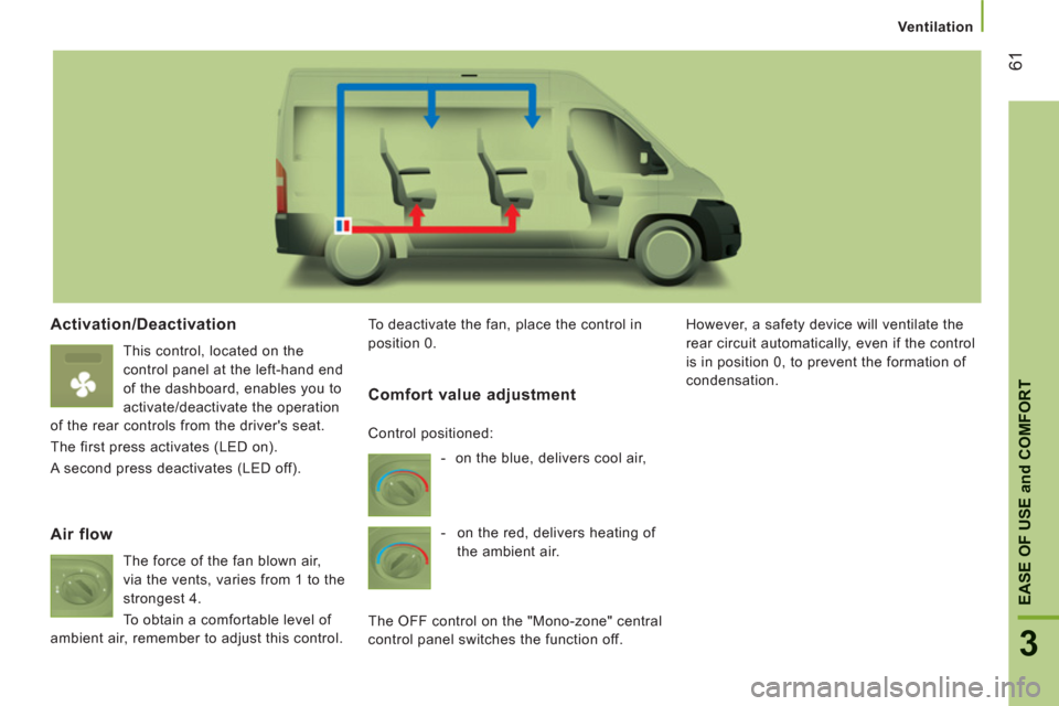 Peugeot Boxer 2013  Owners Manual Ventilation
61
EASE OF USE
and
 COMFOR
T
3
Activation/Deactivation 
  This control, located on the 
control panel at the left-hand end 
of the dashboard, enables you to 
activate/deactivate the operat