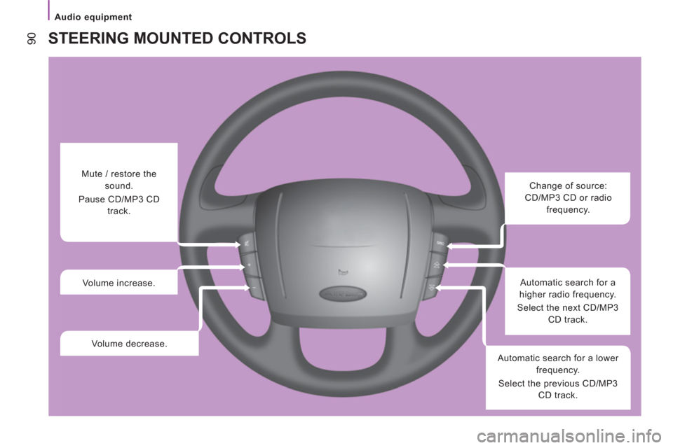 Peugeot Boxer 2013  Owners Manual    
 
Audio equipment  
 
90 
STEERING MOUNTED CONTROLS
 
 
 
 
 
 
 
 
Change of source: 
CD/MP3 CD or radio 
frequency.  
   
Automatic search for a 
higher radio frequency. 
  Select the next CD/MP