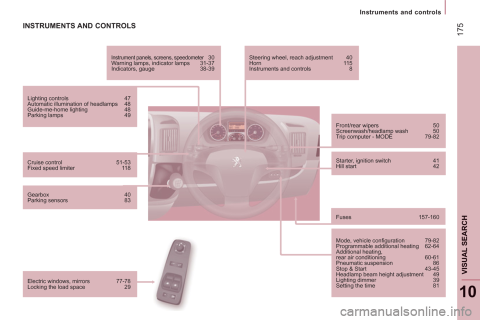 Peugeot Boxer 2013 Owners Manual - RHD (UK, Australia) 17
5
Instruments and controls
10
VISUAL SEARCH
INSTRUMENTS AND CONTROLS
Instrument panels, screens, speedometer 30
Warning lamps, indicator lamps 31-37
Indicators, gauge 38-39
Lighti Peugeot Boxer 2013 Owners Manual - RHD (UK, Australia) 17
5
Instruments and controls
10
VISUAL SEARCH
INSTRUMENTS AND CONTROLS
Instrument panels, screens, speedometer 30
Warning lamps, indicator lamps 31-37
Indicators, gauge 38-39
Lighti