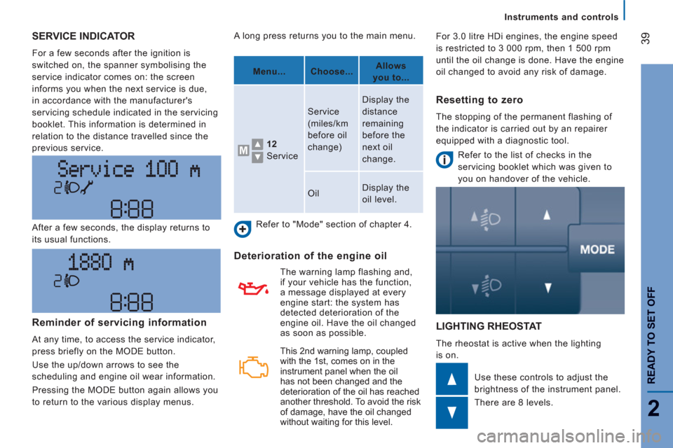 Peugeot Boxer 2013  Owners Manual - RHD (UK, Australia) 39
2
READY TO SET OFF
Instruments and controls
SERVICE INDICATOR
  For a few seconds after the ignition is 
switched on, the spanner symbolising the 
service indicator comes on: the screen 
informs yo