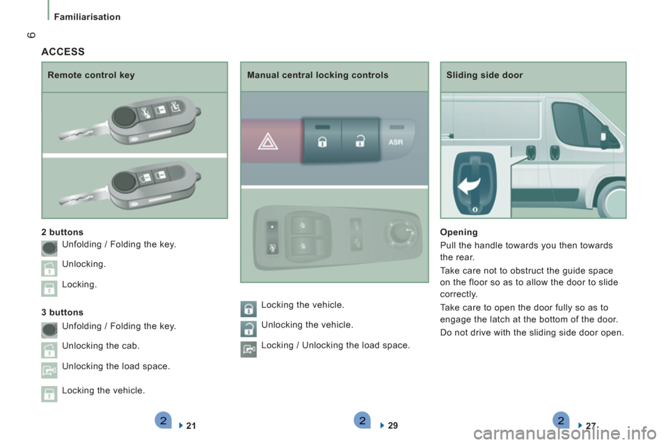 Peugeot Boxer 2013  Owners Manual - RHD (UK, Australia) 222
6
Familiarisation
   
Sliding side door 
   
Opening  
  Pull the handle towards you then towards 
the rear. 
  Take care not to obstruct the guide space 
on the floor so as to allow the door to s