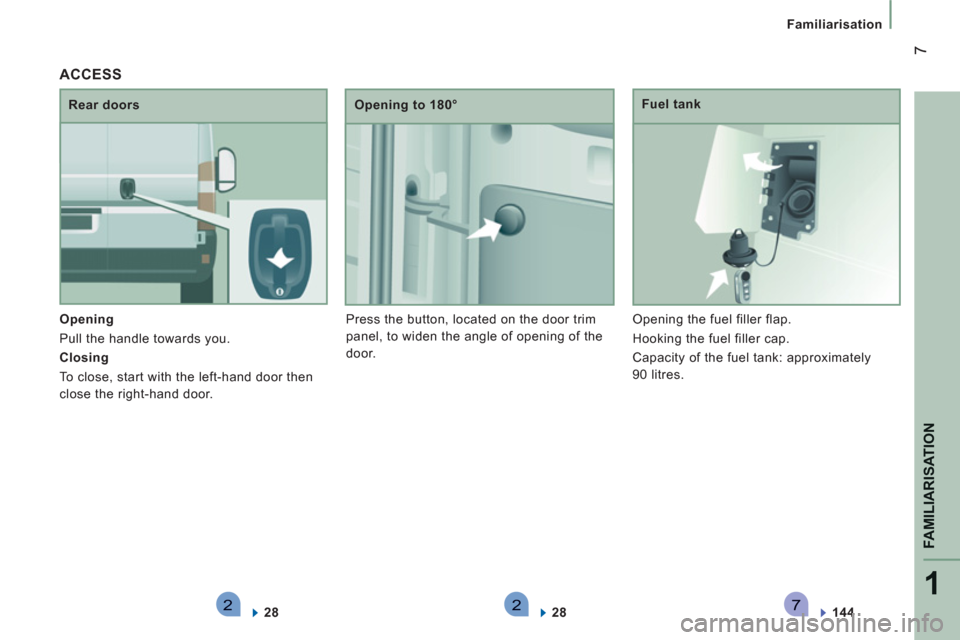 Peugeot Boxer 2013  Owners Manual - RHD (UK, Australia) 2271
FAMILIARISATION
7
Familiarisation
   
Opening  
  Pull the handle towards you. 
   
Closing  
  To close, start with the left-hand door then 
close the right-hand door.    
Rear doors    
Opening