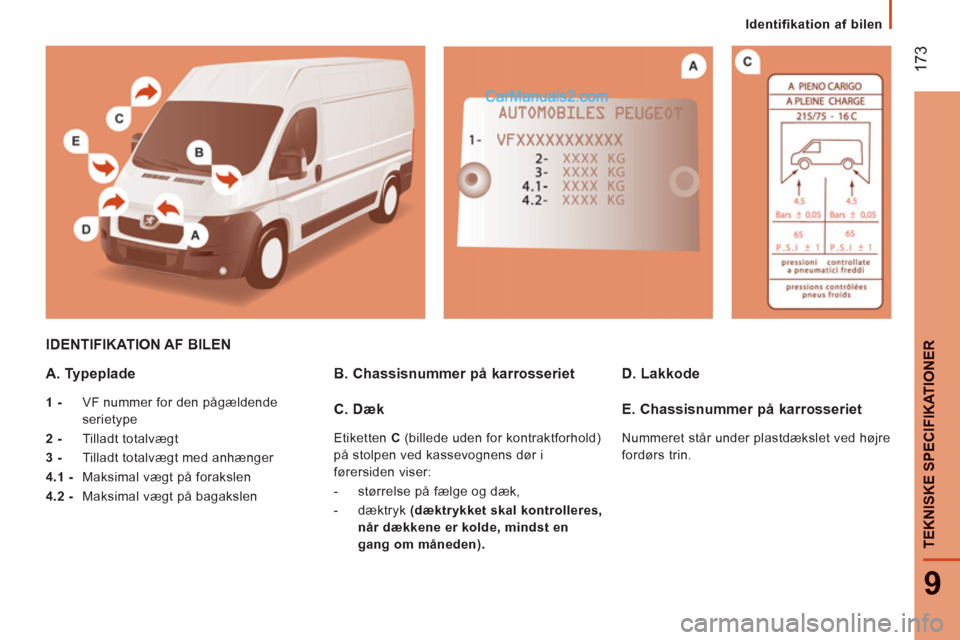 Peugeot Boxer 2013 Instruktionsbog (in Danish) 17
3
9
TEKNISKE SPECIFIKATIONER
Identifikation af bilen
IDENTIFIKATION AF BILEN
A. Typeplade
1 -
VF nummer for den pågældende
serietype
2 -
Tilladt totalvægt
3 -
Tilladt tot Peugeot Boxer 2013 Instruktionsbog (in Danish) 17
3
9
TEKNISKE SPECIFIKATIONER
Identifikation af bilen
IDENTIFIKATION AF BILEN
A. Typeplade
1 -
VF nummer for den pågældende
serietype
2 -
Tilladt totalvægt
3 -
Tilladt tot