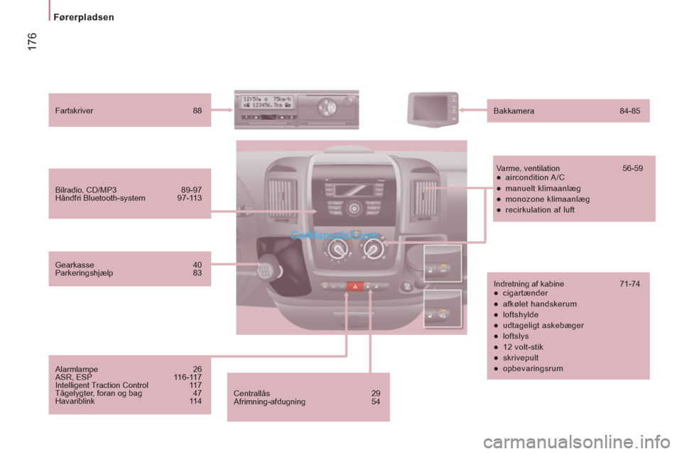 Peugeot Boxer 2013  Instruktionsbog (in Danish) 17
6
Førerpladsen  
 
 
 
Centrallås  29 
  Afrimning-afdugning   54      
Bilradio, CD/MP3   89-97 
  Håndfri Bluetooth-system  97-113      
Fartskriver   88  
   
Bakkamera 84-85  
   
Varme, ven