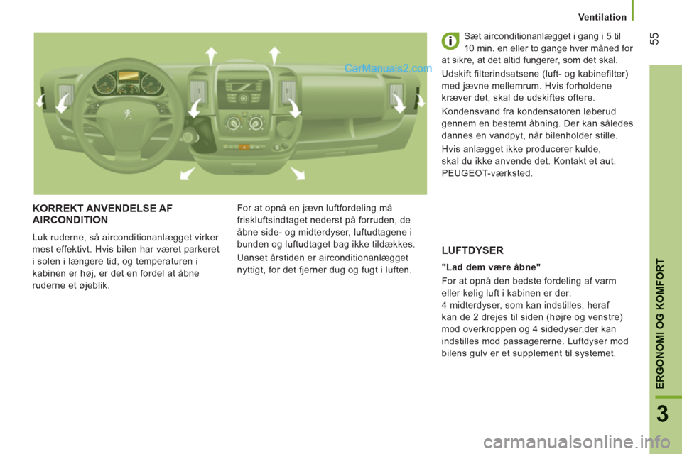 Peugeot Boxer 2013 Instruktionsbog (in Danish) 55
3
ERGONOMI OG KOMFORT
Ventilation
KORREKT ANVENDELSE AF AIRCONDITION
Luk ruderne, så airconditionanlægget virker
mest effektivt. Hvis bilen har været parkeret
i solen i længere tid, og tem Peugeot Boxer 2013 Instruktionsbog (in Danish) 55
3
ERGONOMI OG KOMFORT
Ventilation
KORREKT ANVENDELSE AF AIRCONDITION
Luk ruderne, så airconditionanlægget virker
mest effektivt. Hvis bilen har været parkeret
i solen i længere tid, og tem