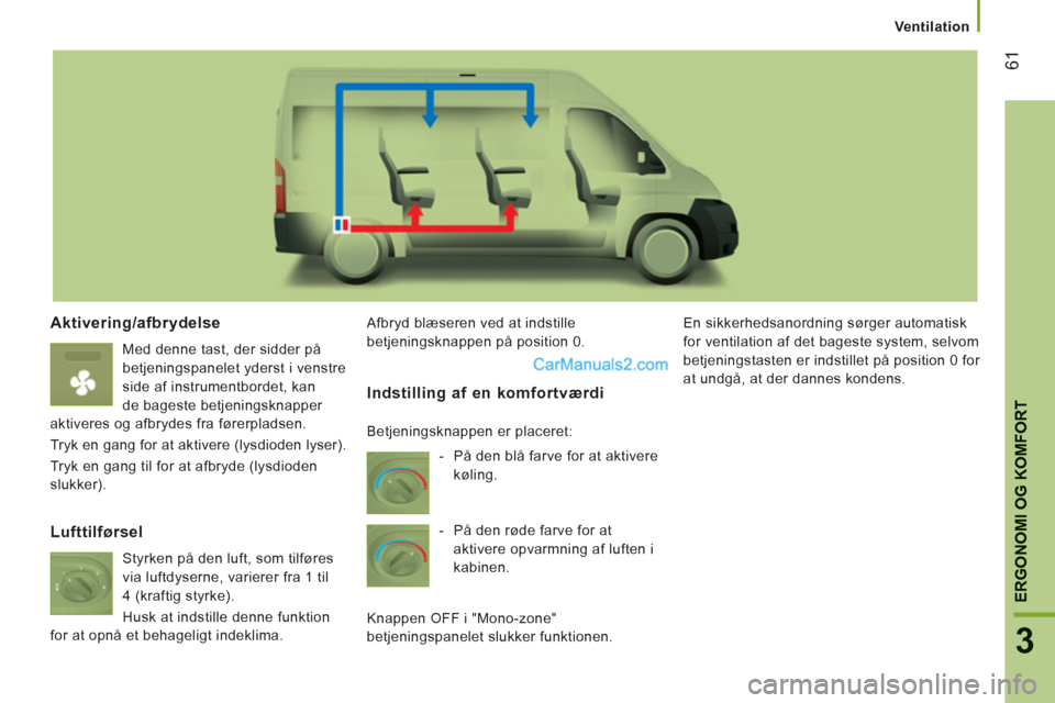 Peugeot Boxer 2013 Instruktionsbog (in Danish) 61
3
ERGONOMI OG KOMFORT
Ventilation
Aktivering/afbrydelse
Med denne tast, der sidder på
betjeningspanelet yderst i venstre
side af instrumentbordet, kan
de bageste betjeningsknapper
aktiveres Peugeot Boxer 2013 Instruktionsbog (in Danish) 61
3
ERGONOMI OG KOMFORT
Ventilation
Aktivering/afbrydelse
Med denne tast, der sidder på
betjeningspanelet yderst i venstre
side af instrumentbordet, kan
de bageste betjeningsknapper
aktiveres