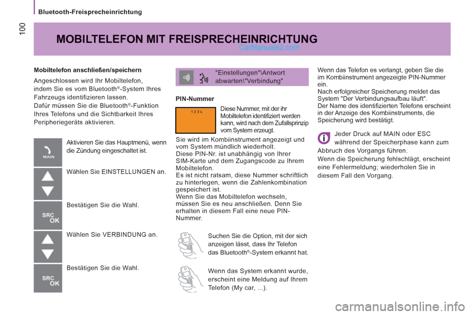 Peugeot Boxer 2013  Betriebsanleitung (in German) 100
   
Bluetooth-Freisprecheinrichtung  
  Wenn das Telefon es verlangt, geben Sie die 
im Kombiinstrument angezeigte PIN-Nummer 
ein. 
  Nach erfolgreicher Speicherung meldet das 
System "Der Verbin