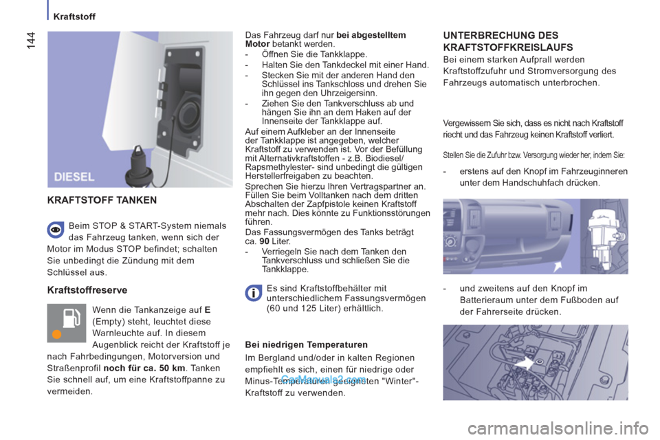 Peugeot Boxer 2013 Betriebsanleitung (in German) 144
Kraftstoff
Kraftstoffreserve
Wenn die Tankanzeige auf E
(Empty) steht, leuchtet diese
Warnleuchte auf. In diesem
Augenblick reicht der Kraftstoff je
nach Fahrbedingungen, Mo Peugeot Boxer 2013 Betriebsanleitung (in German) 144
Kraftstoff
Kraftstoffreserve
Wenn die Tankanzeige auf E
(Empty) steht, leuchtet diese
Warnleuchte auf. In diesem
Augenblick reicht der Kraftstoff je
nach Fahrbedingungen, Mo
