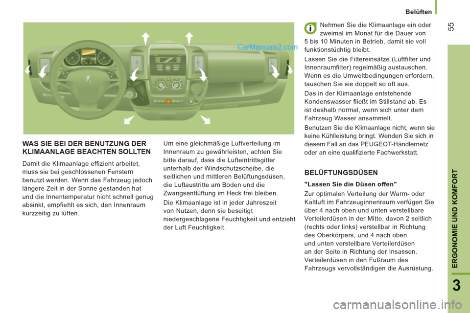 Peugeot Boxer 2013  Betriebsanleitung (in German) 55
3
ERGONOMIE UND KOMFOR
T
   
 
Belüften
WAS SIE BEI DER BENUTZUNG DERKLIMAANLAGE BEACHTEN SOLLTEN
 
Damit die Klimaanlage effizient arbeitet, 
muss sie bei geschlossenen Fenstern 
benutzt werden. 