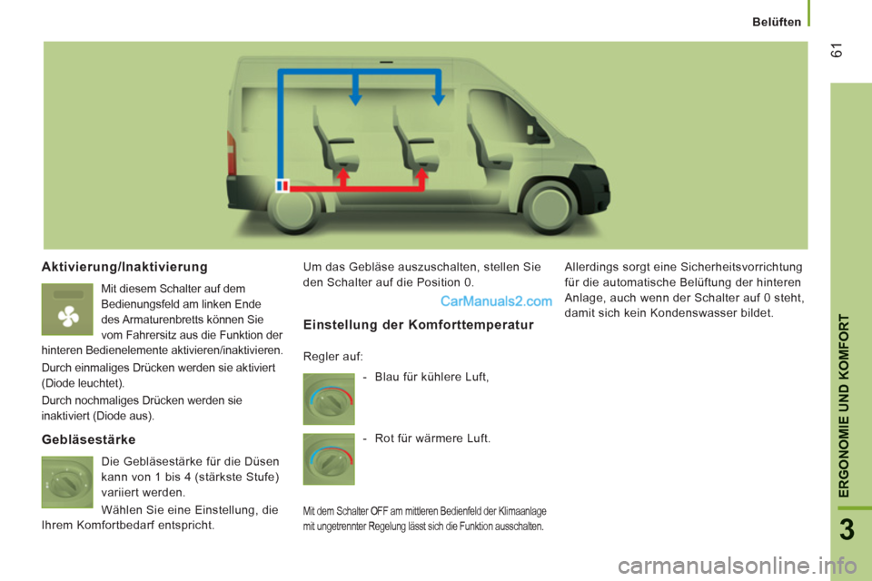 Peugeot Boxer 2013  Betriebsanleitung (in German) 61
3
ERGONOMIE UND KOMFOR
T
   
 
Belüften
Aktivierung/Inaktivierung
 Mit diesem Schalter auf dem 
Bedienungsfeld am linken Ende 
des Armaturenbretts können Sie 
vom Fahrersitz aus die Funktion der 