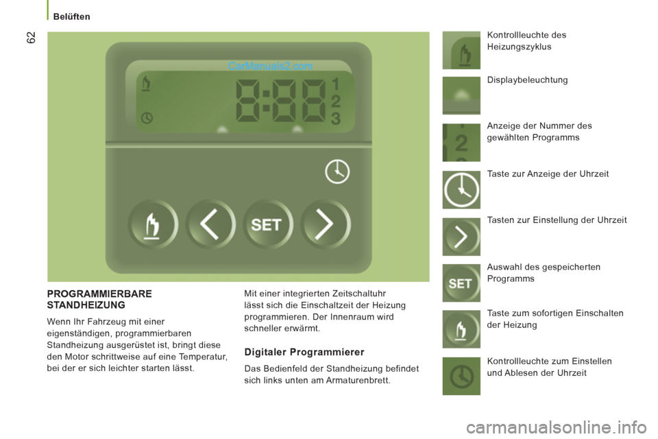 Peugeot Boxer 2013  Betriebsanleitung (in German) 62
   
 
Belüften  
 
 
PROGRAMMIERBARE
STANDHEIZUNG 
  Wenn Ihr Fahrzeug mit einer 
eigenständigen, programmierbaren 
Standheizung ausgerüstet ist, bringt diese 
den Motor schrittweise auf eine Te