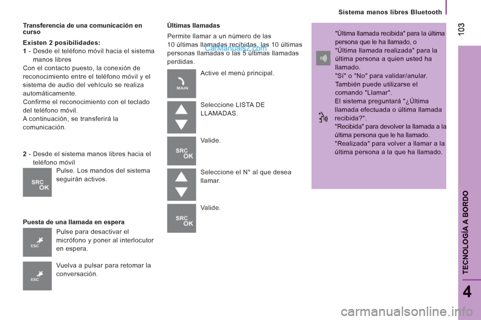 Peugeot Boxer 2013 Manual del propietario (in Spanish)
Sistema manos libres Bluetooth
103103
4
TECNOLOGÍA A BORDO
Transferencia de una comunicación en curso
Existen 2 posibilidades:
1
- Desde el teléfono móvil hacia el sistema
manos libres
Con Peugeot Boxer 2013 Manual del propietario (in Spanish)
Sistema manos libres Bluetooth
103103
4
TECNOLOGÍA A BORDO
Transferencia de una comunicación en curso
Existen 2 posibilidades:
1
- Desde el teléfono móvil hacia el sistema
manos libres
Con