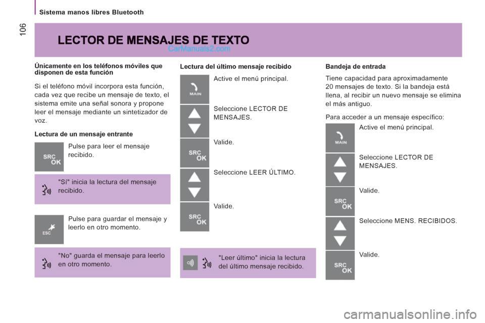 Peugeot Boxer 2013 Manual del propietario (in Spanish) 106
Sistema manos libres Bluetooth
Si el teléfono móvil incorpora esta función,
cada vez que recibe un mensaje de texto, el
sistema emite una señal sonora y propone
leer el mensaje medi Peugeot Boxer 2013 Manual del propietario (in Spanish) 106
Sistema manos libres Bluetooth
Si el teléfono móvil incorpora esta función,
cada vez que recibe un mensaje de texto, el
sistema emite una señal sonora y propone
leer el mensaje medi