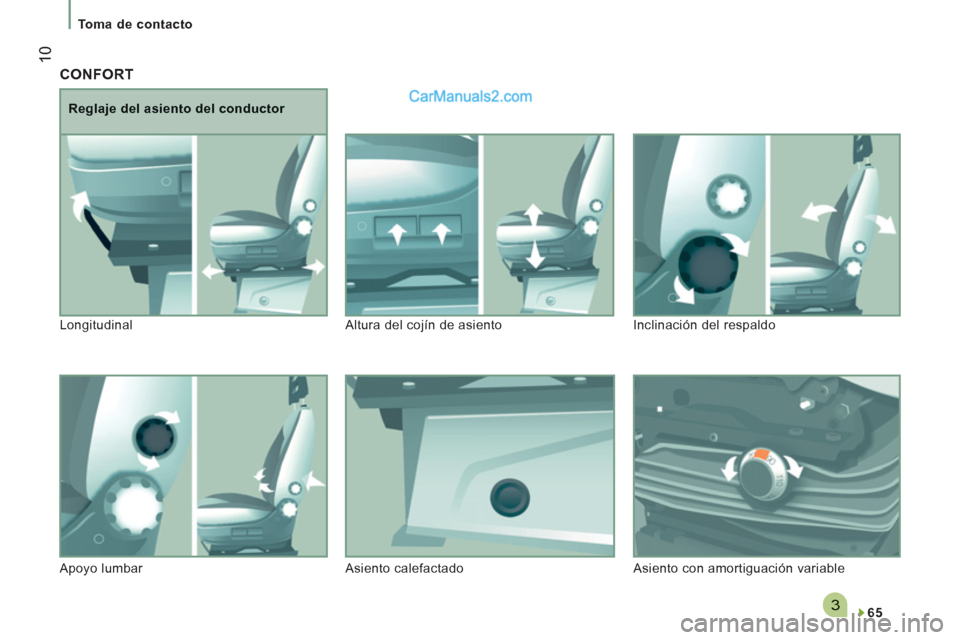 Peugeot Boxer 2013  Manual del propietario (in Spanish) 3
10
Toma de contacto
  CONFORT 
65
 
 Reglaje del asiento del conductor 
  Lon
gitudinal  Altura del cojín de asiento  Inclinación del respaldo
  Apo
yo lumbar   Asiento calefactado  Asiento con am