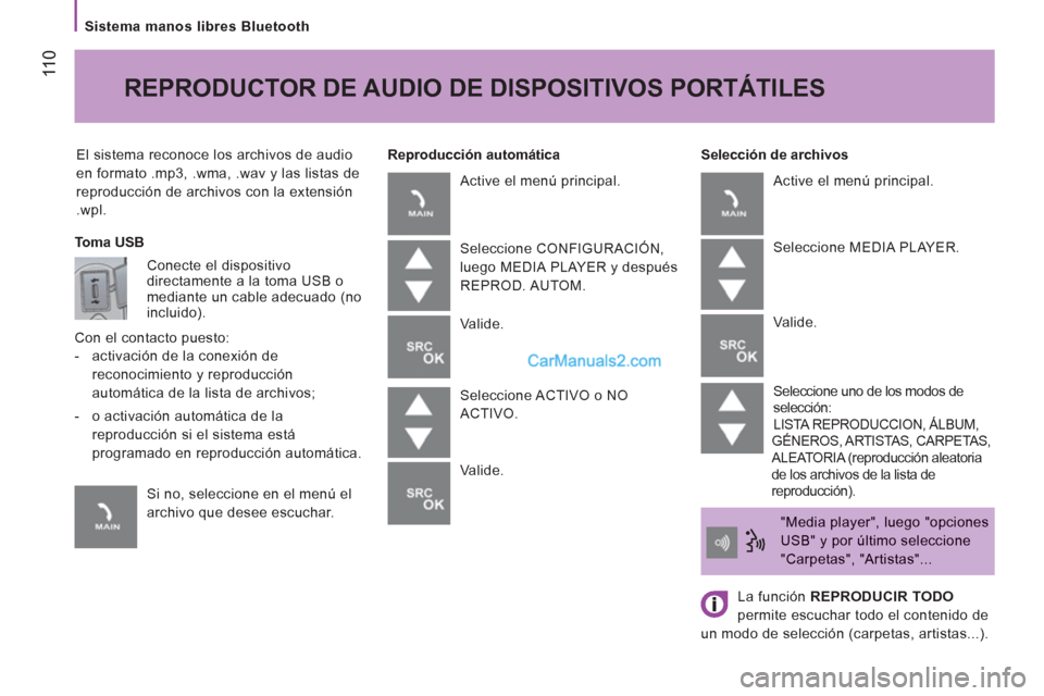 Peugeot Boxer 2013  Manual del propietario (in Spanish)  11
0
   
Sistema manos libres Bluetooth  
El sistema reconoce los archivos de audio 
en formato .mp3, .wma, .wav 
y las listas de 
reproducción de archivos con la extensión 
.wp
l.    
Selección d
