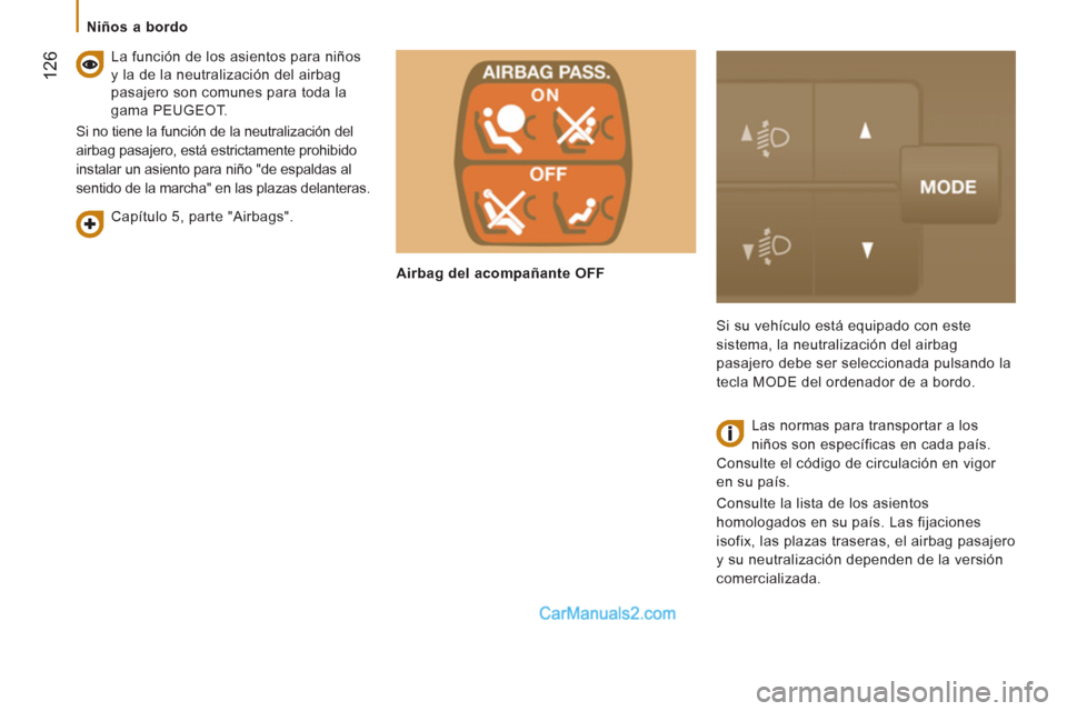 Peugeot Boxer 2013 Manual del propietario (in Spanish) 12
6
Niños a bordo
Capítulo 5, parte "Airbags".
La función de los asientos para niños
y la de la neutralización del airbag
pasajero son comunes para toda la
gama PEUGEOT. Peugeot Boxer 2013 Manual del propietario (in Spanish) 12
6
Niños a bordo
Capítulo 5, parte "Airbags".
La función de los asientos para niños
y la de la neutralización del airbag
pasajero son comunes para toda la
gama PEUGEOT.
