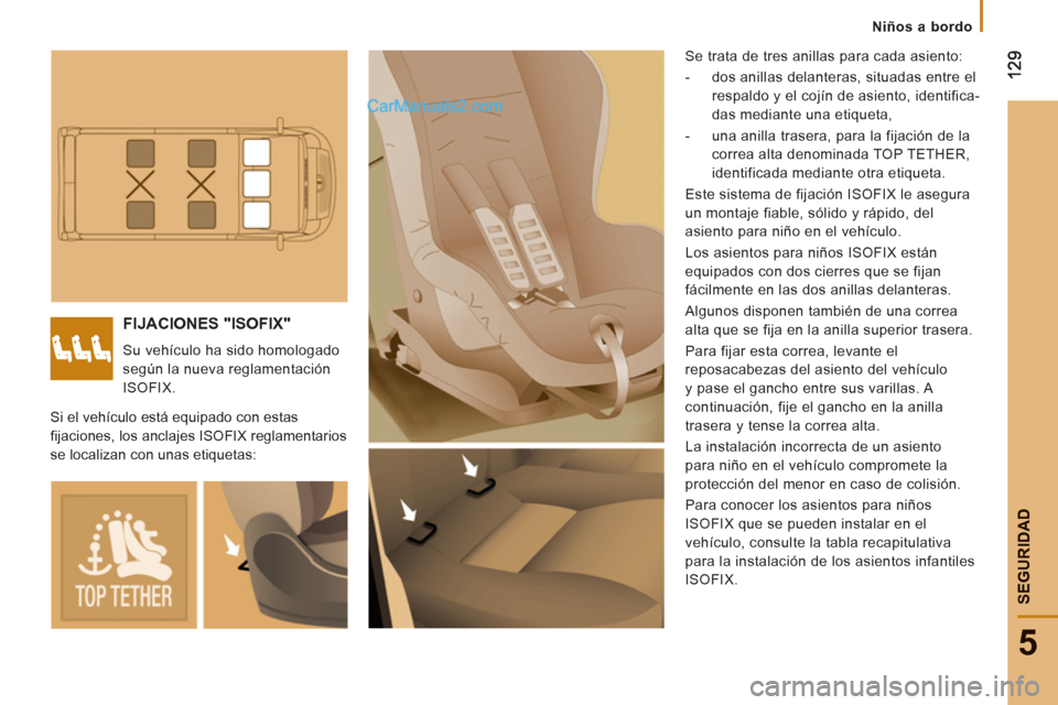 Peugeot Boxer 2013 Manual del propietario (in Spanish) 5
SEGURIDA
D
Niños a bordo
FIJACIONES "ISOFIX"
Su vehículo ha sido homologado
según la nueva reglamentación
ISOFIX. Se trata de tres anillas para cada asiento:
- dos an Peugeot Boxer 2013 Manual del propietario (in Spanish) 5
SEGURIDA
D
Niños a bordo
FIJACIONES "ISOFIX"
Su vehículo ha sido homologado
según la nueva reglamentación
ISOFIX. Se trata de tres anillas para cada asiento:
- dos an