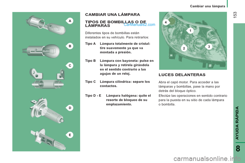 Peugeot Boxer 2013 Manual del propietario (in Spanish) 153
AYUDA RÁPID
A
8
Cambiar una lámpara
TIPOS DE BOMBILLAS O DE
LÁMPARAS
Diferentes tipos de bombillas están
instalados en su vehículo. Para retirarlos:
CAMBIAR UNA LÁMPARA Peugeot Boxer 2013 Manual del propietario (in Spanish) 153
AYUDA RÁPID
A
8
Cambiar una lámpara
TIPOS DE BOMBILLAS O DE
LÁMPARAS
Diferentes tipos de bombillas están
instalados en su vehículo. Para retirarlos:
CAMBIAR UNA LÁMPARA