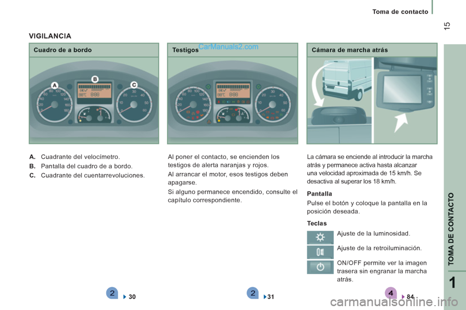 Peugeot Boxer 2013 Manual del propietario (in Spanish) 221
TOMA DE CONTACTO
15
Toma de contacto
Cámara de marcha atrás
L
a cámara se enciende al introducir la marcha
atrás y permanece activa hasta alcanzar
una velocidad aproximada de 15 Peugeot Boxer 2013 Manual del propietario (in Spanish) 221
TOMA DE CONTACTO
15
Toma de contacto
Cámara de marcha atrás
L
a cámara se enciende al introducir la marcha
atrás y permanece activa hasta alcanzar
una velocidad aproximada de 15