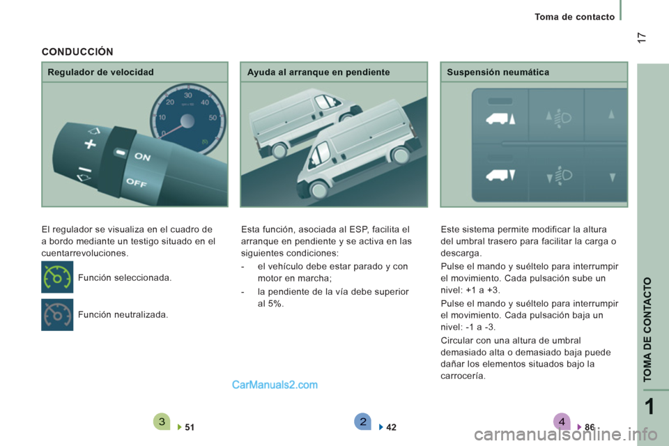 Peugeot Boxer 2013 Manual del propietario (in Spanish) 4321
TOMA DE CONTACTO
17
Toma de contacto
Regulador de velocidad
El re
gulador se visualiza en el cuadro de
a
bordo mediante un testigo situado en el
cuentarrevoluciones.
5
1
Ayuda Peugeot Boxer 2013 Manual del propietario (in Spanish) 4321
TOMA DE CONTACTO
17
Toma de contacto
Regulador de velocidad
El re
gulador se visualiza en el cuadro de
a
bordo mediante un testigo situado en el
cuentarrevoluciones.
5
1
Ayuda