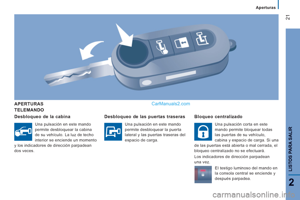 Peugeot Boxer 2013  Manual del propietario (in Spanish) 21
2
   
 
Aperturas  
 
LISTOS PARA SALIR
 
 
TELEMANDO      
APERTURAS  
   
Desbloqueo de la cabina 
 
Una pulsación en este mando 
permite desbloquear la cabina 
de su vehículo. La luz de techo 