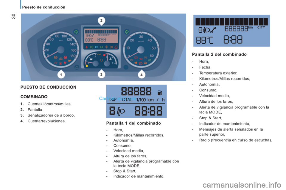 Peugeot Boxer 2013  Manual del propietario (in Spanish) 30
   
 
Puesto de conducción  
 
 
COMBINADO 
1. 
 Cuentakilómetros/millas.
2. 
 Pantalla.
3. 
 Señalizadores de a bordo.
4. 
 Cuentarrevoluciones. 
 
PUESTO DE CONDUCCIÓN 
   
Pantalla 1 del com