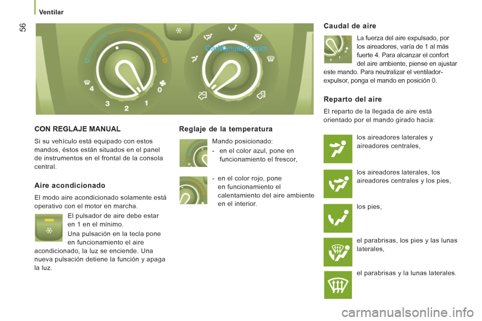 Peugeot Boxer 2013 Manual del propietario (in Spanish) 56
Ventilar
CON REGLAJE MANUAL
Si su vehículo está equipado con estos
mandos, éstos están situados en el panel
de instrumentos en el frontal de la consola
central.
Reglaje d Peugeot Boxer 2013 Manual del propietario (in Spanish) 56
Ventilar
CON REGLAJE MANUAL
Si su vehículo está equipado con estos
mandos, éstos están situados en el panel
de instrumentos en el frontal de la consola
central.
Reglaje d