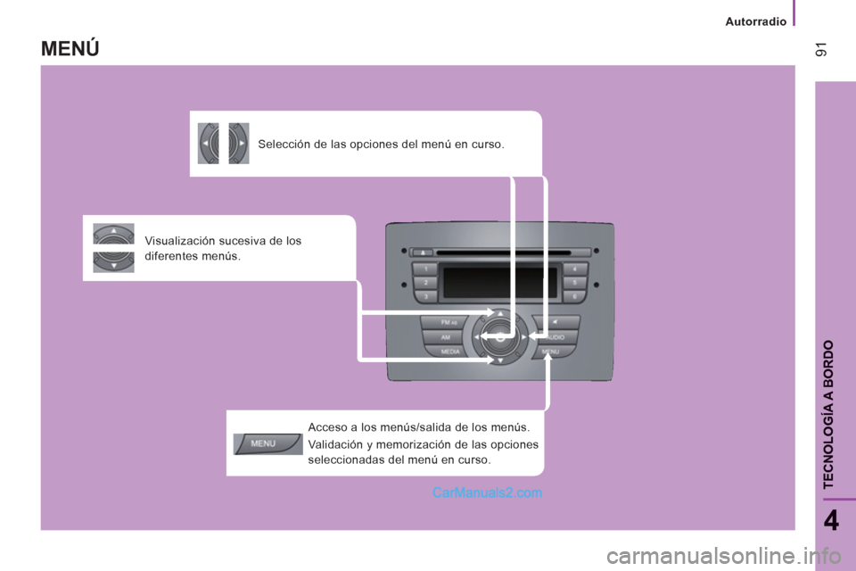 Peugeot Boxer 2013 Manual del propietario (in Spanish)
Autorradio
91
4
TECNOLOGÍA A BORDO
Acceso a los menús/salida de los menús.
Validación y memorización de las opciones
seleccionadas del menú en curso.
Visualización suc Peugeot Boxer 2013 Manual del propietario (in Spanish)
Autorradio
91
4
TECNOLOGÍA A BORDO
Acceso a los menús/salida de los menús.
Validación y memorización de las opciones
seleccionadas del menú en curso.
Visualización suc