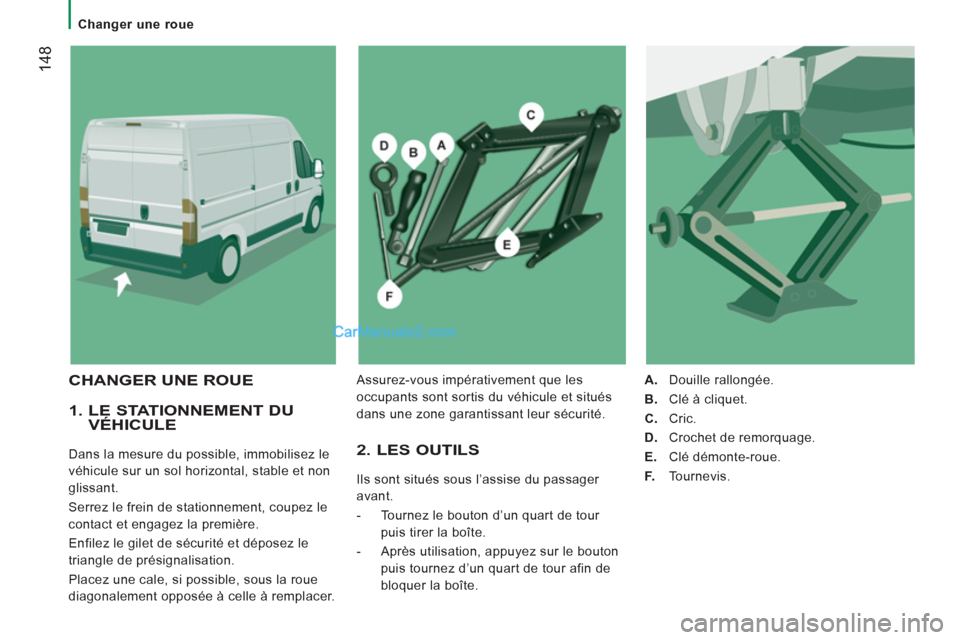 Peugeot Boxer 2013  Manuel du propriétaire (in French) 14
8
   
 
Changer une roue 
 
 
1.  LE STATIONNEMENT DU VÉHICULE
 
Dans la mesure du possible, immobilisez le 
véhicule sur un sol horizontal, stable et non 
glissant. 
  Serrez le frein de station