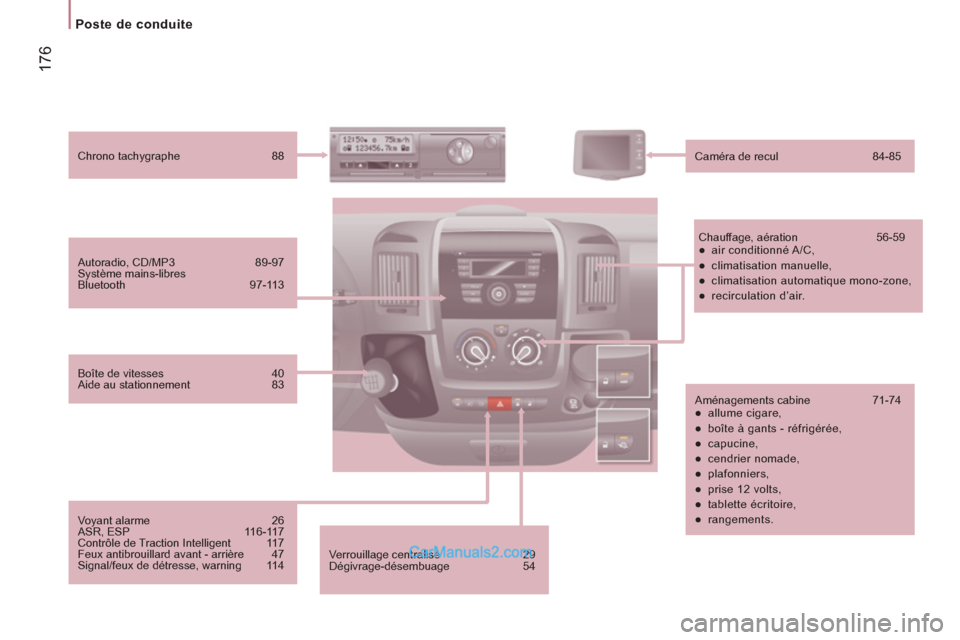 Peugeot Boxer 2013  Manuel du propriétaire (in French) 17
6
Poste de conduite 
   
Verrouillage centralisé  29 
  Dégivrage-désembuage 54      
Autoradio, CD/MP3  89-97 
  Système mains-libres 
Bluetooth 97-113      
Chrono tachygraphe  88  
   
Camé