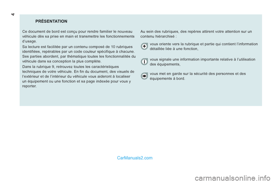 Peugeot Boxer 2013  Manuel du propriétaire (in French) PRÉSENTATION
  Au sein des rubriques, des repères attirent votre attention sur un 
contenu hiérarchisé :    Ce document de bord est conçu pour rendre familier le nouveau 
véhicule dès sa prise 