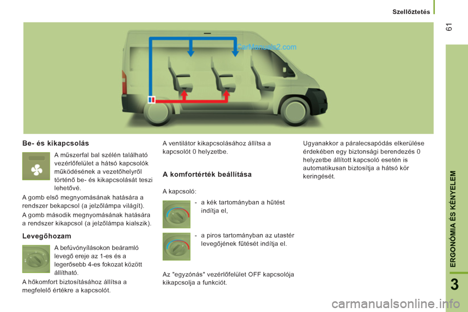 Peugeot Boxer 2013 Kezelési útmutató (in Hungarian) 61
3
ERGONÓMIA ÉS KÉNYELE
M
Szellőztetés
Be- és kikapcsolás
A műszerfal bal szélén található
vezérlőfelület a hátsó kapcsolók
működésének a vezetőhelyről
Peugeot Boxer 2013 Kezelési útmutató (in Hungarian) 61
3
ERGONÓMIA ÉS KÉNYELE
M
Szellőztetés
Be- és kikapcsolás
A műszerfal bal szélén található
vezérlőfelület a hátsó kapcsolók
működésének a vezetőhelyről