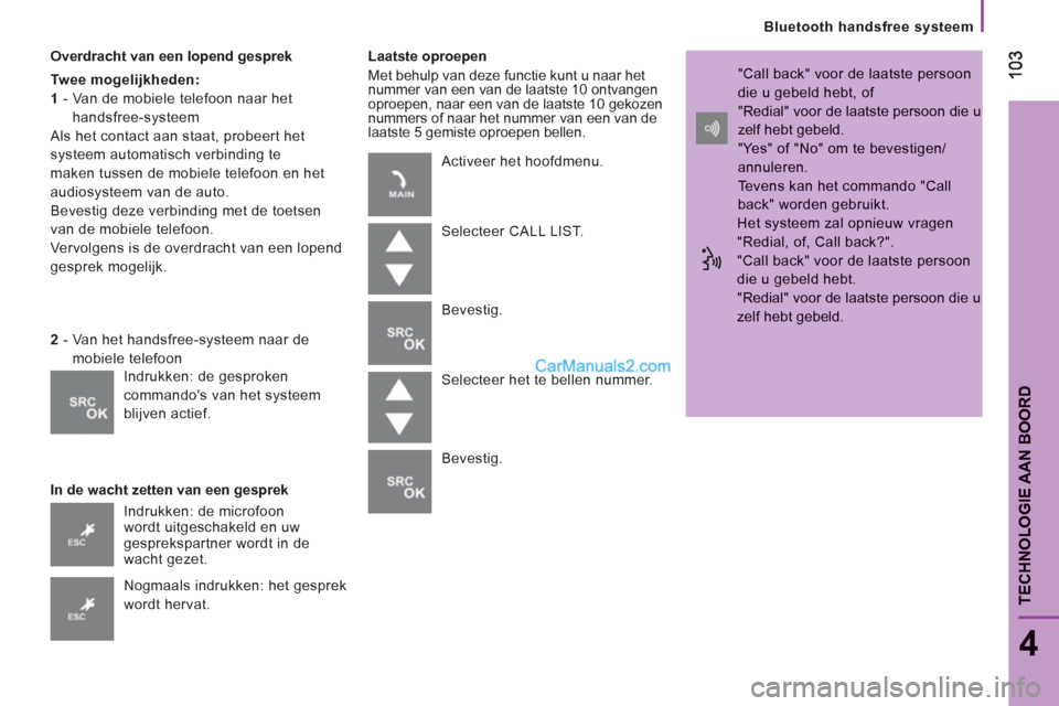 Peugeot Boxer 2013  Handleiding (in Dutch)    
Bluetooth handsfree systeem  
103103
4
TECHNOLOGIE AAN BOOR
D
Overdracht van een lopend gesprek 
Twee mogelijkheden:
1 
-  Van de mobiele telefoon naar het 
hands
free-systeem
  Als het contact aa