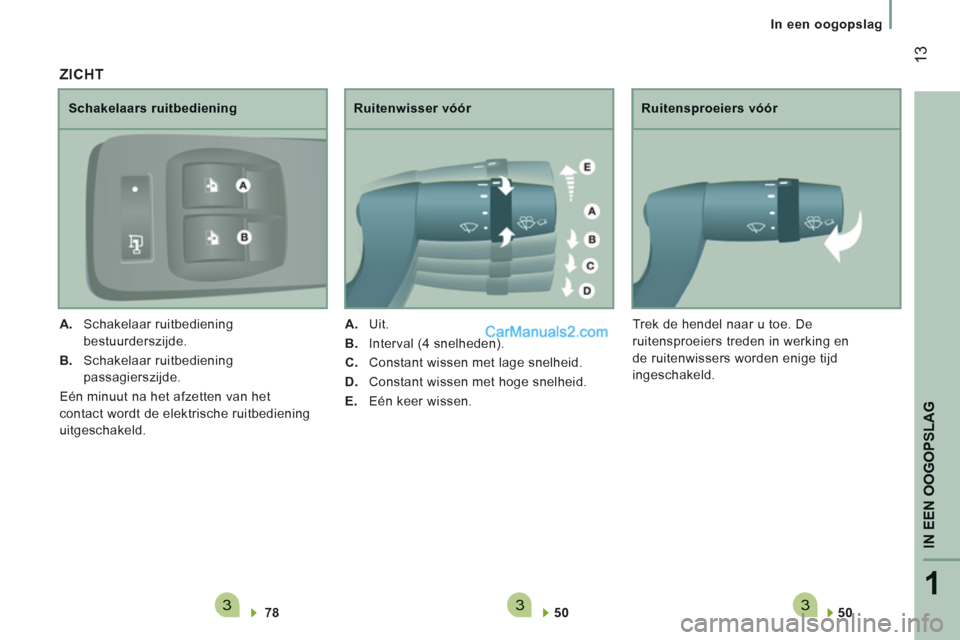 Peugeot Boxer 2013  Handleiding (in Dutch) 3331
IN EEN OOGOPSLA
G
13
   
 
In een oogopslag  
 
50
   
Ruitensproeiers vóór 
Tr
ek de hendel naar u toe. De 
ru
itensproeiers treden in werking en
de ruitenwissers worden eni
ge tijd 
in
gescha