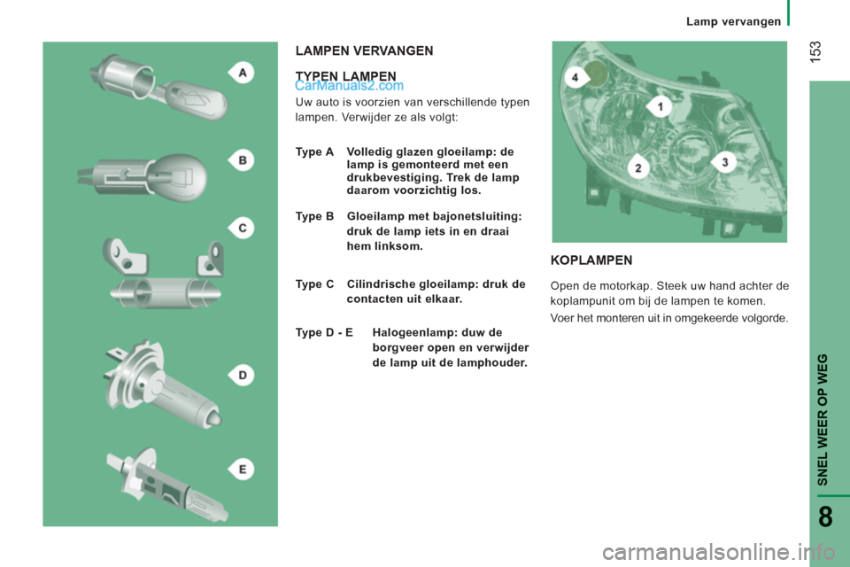 Peugeot Boxer 2013  Handleiding (in Dutch) 153
SNEL WEER OP WE
G
8
   
 
Lamp vervangen  
 
 
 
TYPEN LAMPEN 
 
Uw auto is voorzien van verschillende typen 
lampen. Verwijder ze als volgt: 
  LAMPEN VERVANGEN 
 
 
Type A   Volledig glazen gloe