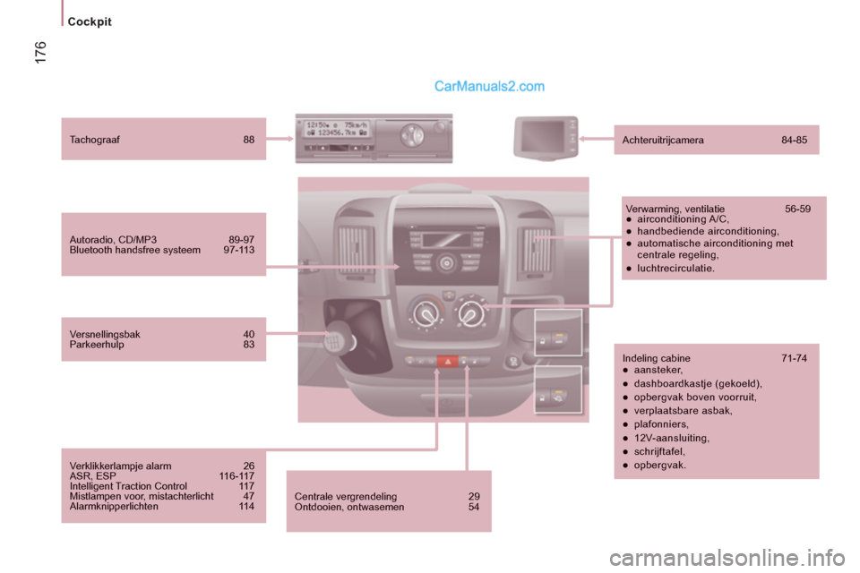 Peugeot Boxer 2013 Handleiding (in Dutch) 17
6
Cockpit
Centrale vergrendeling 29
Ontdooien, ontwasemen 54
Autoradio, CD/MP3 89-97
Bluetooth handsfree systeem 97-113
Tachograaf 88
Achteruitrijcamera 84-85
Ver Peugeot Boxer 2013 Handleiding (in Dutch) 17
6
Cockpit
Centrale vergrendeling 29
Ontdooien, ontwasemen 54
Autoradio, CD/MP3 89-97
Bluetooth handsfree systeem 97-113
Tachograaf 88
Achteruitrijcamera 84-85
Ver