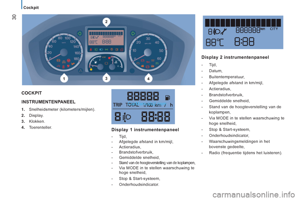 Peugeot Boxer 2013  Handleiding (in Dutch) 30
   
 
Cockpit  
 
 
INSTRUMENTENPANEEL 
1. 
 Snelheidsmeter (kilometers/mijlen). 
2. 
 Display.
3. 
 Klokken. 
4. 
 Toerenteller. 
 
COCKPIT 
   
Display 1 instrumentenpaneel 
- 
 Tijd, 
- 
 Afgele