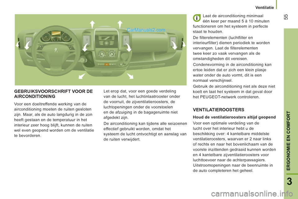 Peugeot Boxer 2013 Handleiding (in Dutch) 55
3
ERGONOMIE EN COMFOR
T
Ventilatie
GEBRUIKSVOORSCHRIFT VOOR DE
AIRCONDITIONING
Voor een doeltreffende werking van de
airconditioning moeten de ruiten gesloten
zijn. Maar, als de a Peugeot Boxer 2013 Handleiding (in Dutch) 55
3
ERGONOMIE EN COMFOR
T
Ventilatie
GEBRUIKSVOORSCHRIFT VOOR DE
AIRCONDITIONING
Voor een doeltreffende werking van de
airconditioning moeten de ruiten gesloten
zijn. Maar, als de a
