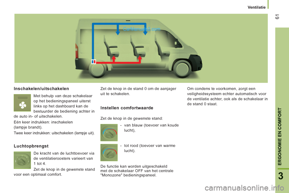 Peugeot Boxer 2013 Handleiding (in Dutch) 61
3
ERGONOMIE EN COMFOR
T
Ventilatie
Inschakelen/uitschakelen
Met behulp van deze schakelaar
op het bedieningspaneel uiterst
links op het dashboard kan de
bestuurder de bediening Peugeot Boxer 2013 Handleiding (in Dutch) 61
3
ERGONOMIE EN COMFOR
T
Ventilatie
Inschakelen/uitschakelen
Met behulp van deze schakelaar
op het bedieningspaneel uiterst
links op het dashboard kan de
bestuurder de bediening