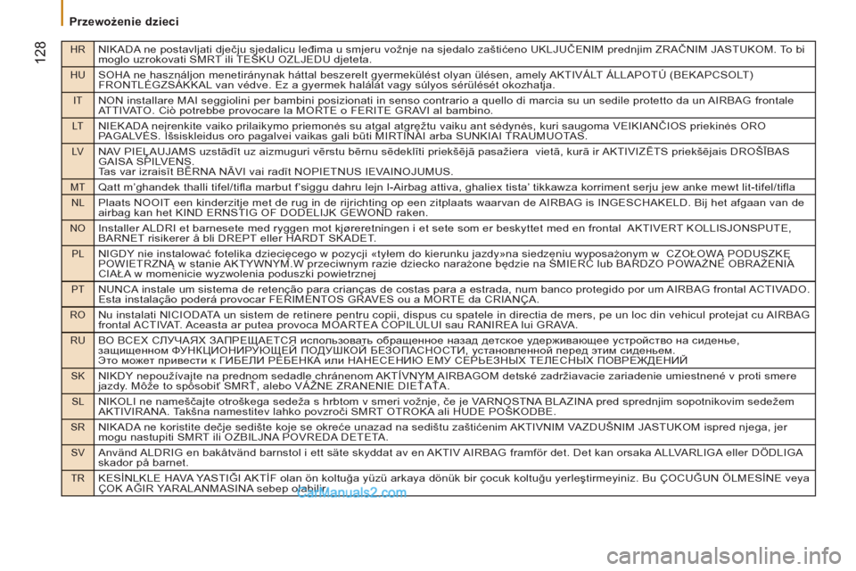 Peugeot Boxer 2013 Instrukcja Obsługi (in Polish) HRNIKADA ne postavljati dječju sjedalicu leđima u smjeru vožnje na sjedalo zaštićeno UKLJUČENIM prednjim ZRAČNIM JASTUKOM. To bi
moglo uzrokovati SMRT ili TEŠKU OZLJEDU djeteta.
HUSOHA ne has Peugeot Boxer 2013 Instrukcja Obsługi (in Polish) HRNIKADA ne postavljati dječju sjedalicu leđima u smjeru vožnje na sjedalo zaštićeno UKLJUČENIM prednjim ZRAČNIM JASTUKOM. To bi
moglo uzrokovati SMRT ili TEŠKU OZLJEDU djeteta.
HUSOHA ne has