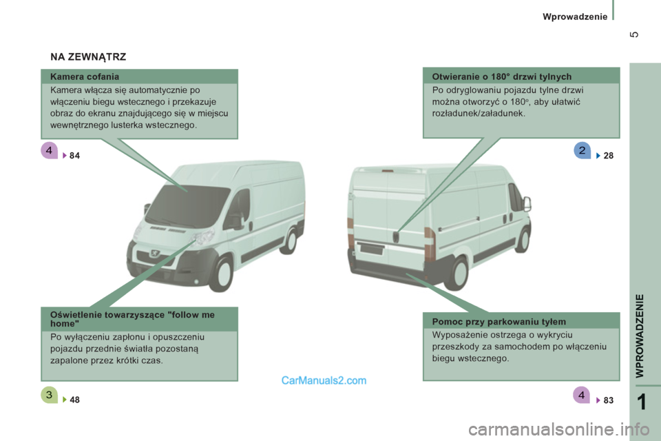 Peugeot Boxer 2013  Instrukcja Obsługi (in Polish) 4
34
2
1
WPROWADZENI
E
5
   
 
Wprowadzenie
   
Kamera cofania 
  Kamera włącza się automatycznie po 
włączeniu biegu wstecznego i przekazuje 
obraz do ekranu znajdującego się w miejscu 
wewnę