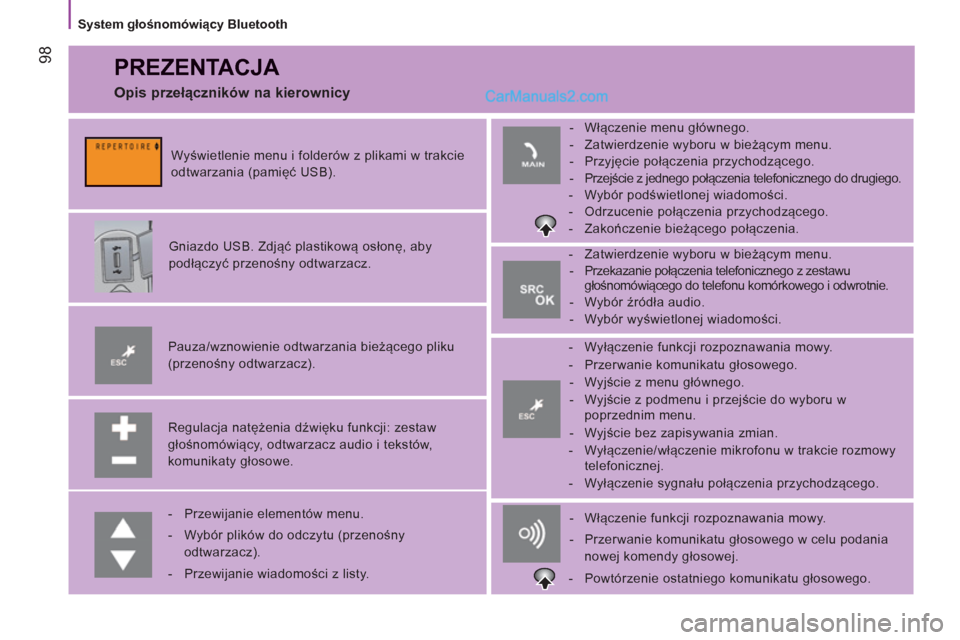 Peugeot Boxer 2013  Instrukcja Obsługi (in Polish) 98
   
System głośnomówiący Bluetooth  
 
PREZENTACJA 
 
 
Regulacja natężenia dźwięku funkcji: zestaw 
głośnomówiący, odtwarzacz audio i tekstów, 
komunikaty głosowe.      
Pauza/wznowi